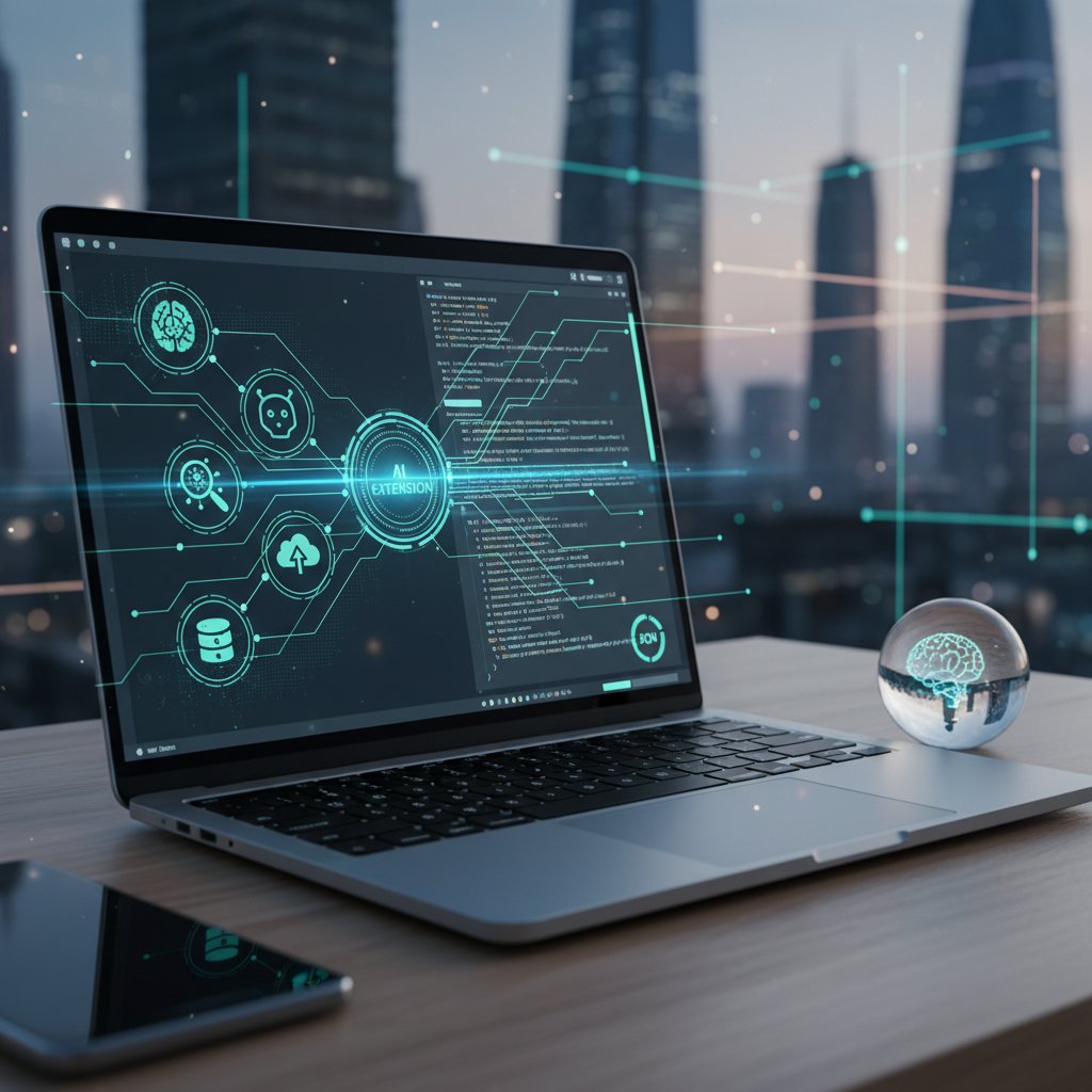 Nowoczesny kod rozszerzenia AI na ekranie laptopa programisty, widoczne linie kodu i ikony integracji narzędzi