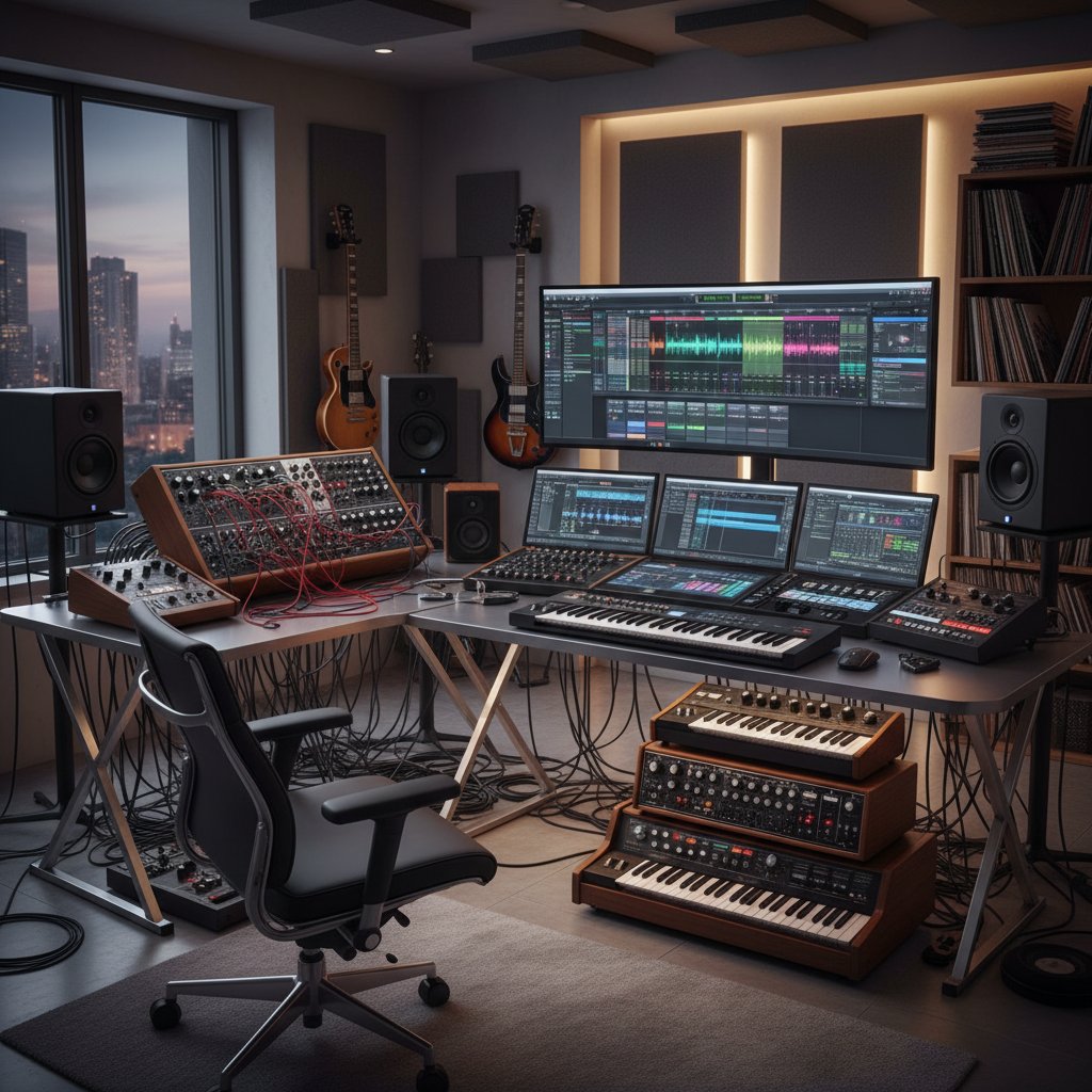 Modern composer’s studio blending analog synthesizers and digital technology for cinematic soundtrack creation