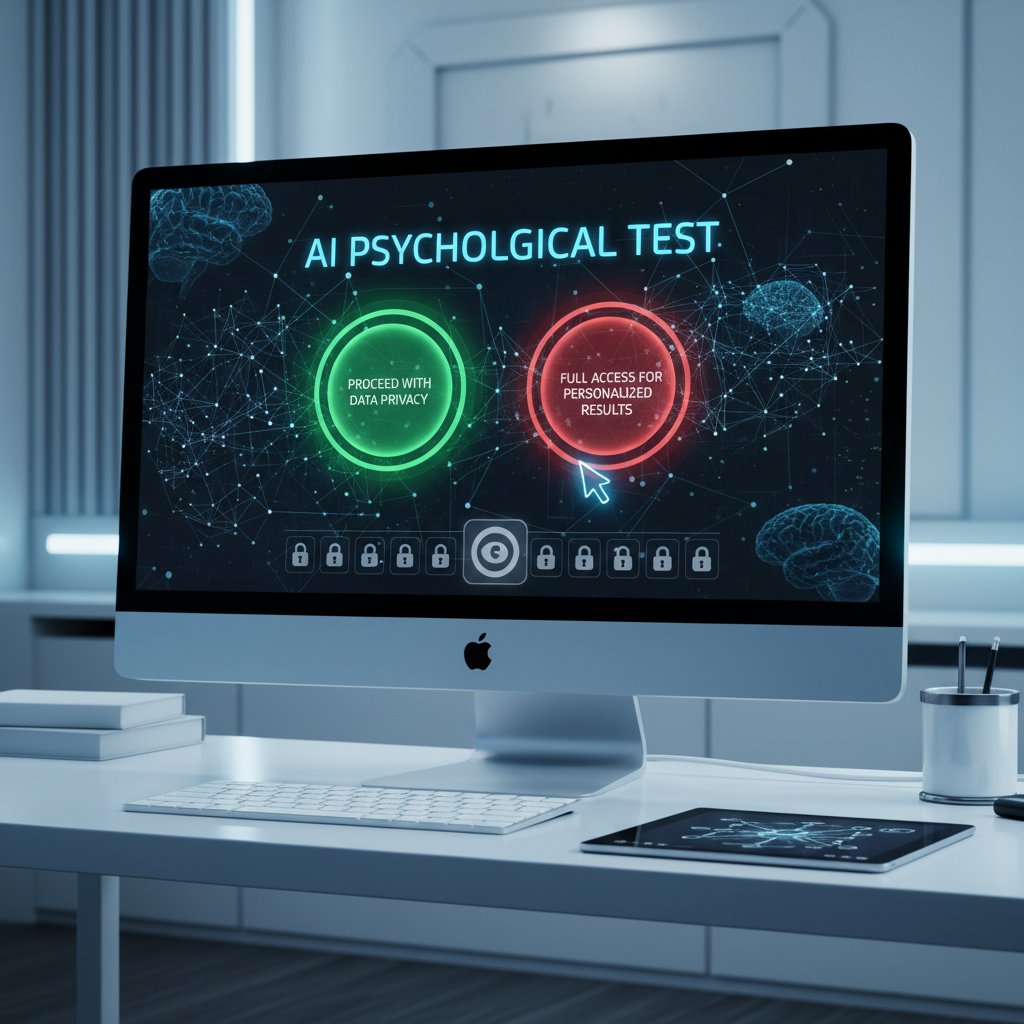 Nowoczesne stanowisko komputerowe z widocznym testem AI – wybór testu psychologicznego online, bezpieczeństwo danych