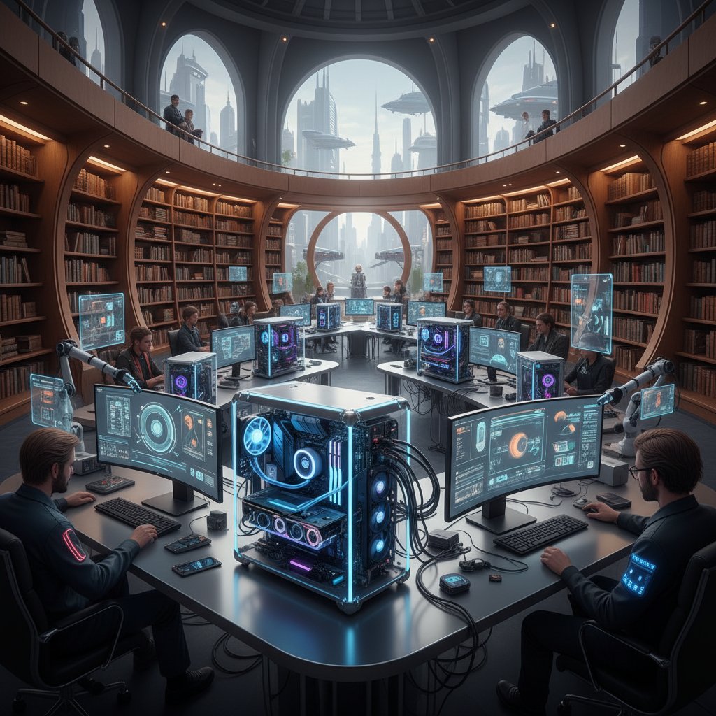 Symboliczna fotografia: nowoczesny hardware komputerowy na tle tradycyjnej biblioteki, filozofia a etyka technologii