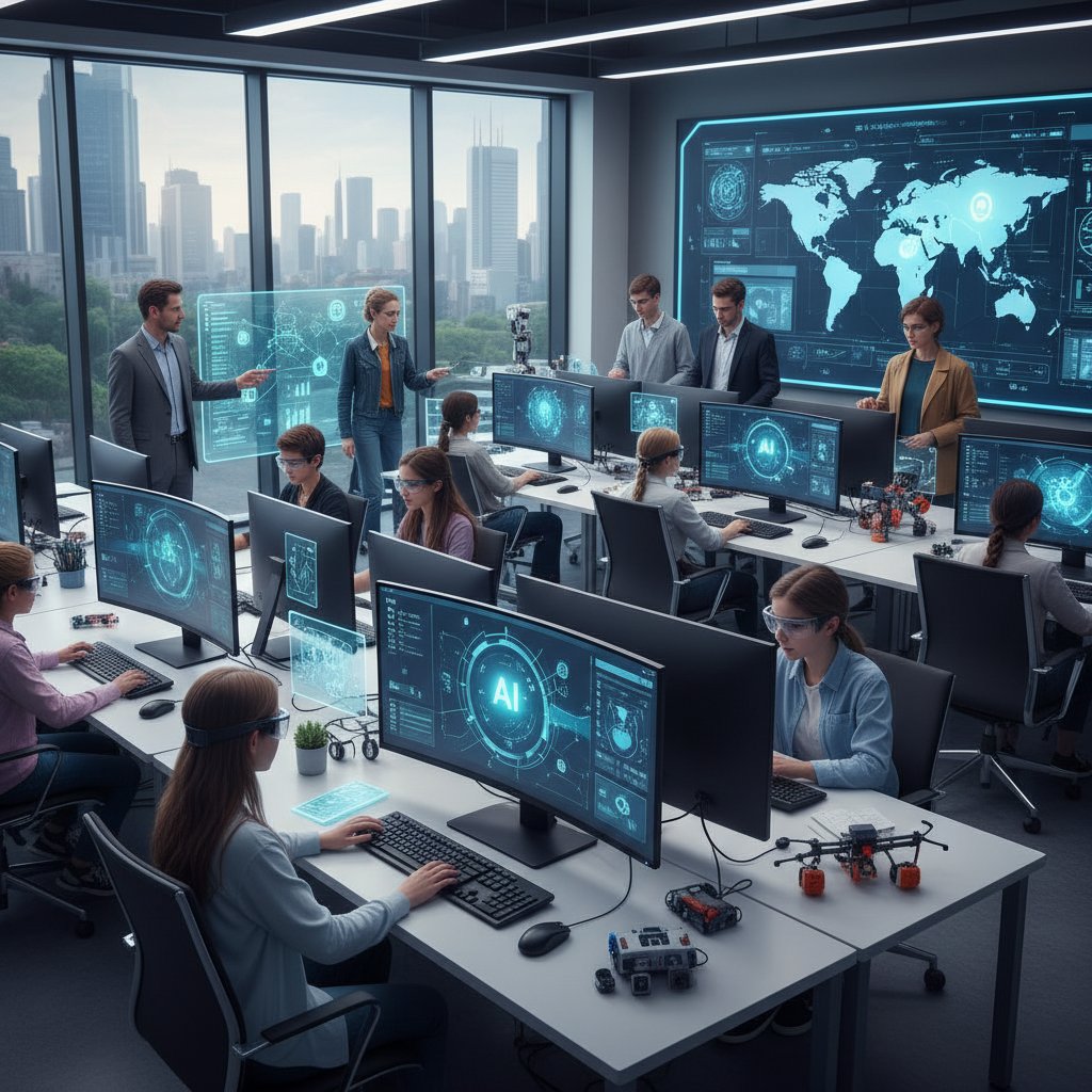 Nowoczesna pracownia komputerowa z nauczycielami testującymi narzędzia AI