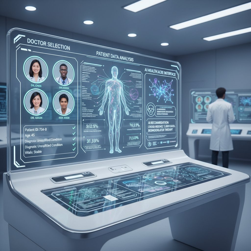 Nowoczesny panel wyboru lekarza na ekranie komputera, obok siedzi młody pacjent analizujący dane