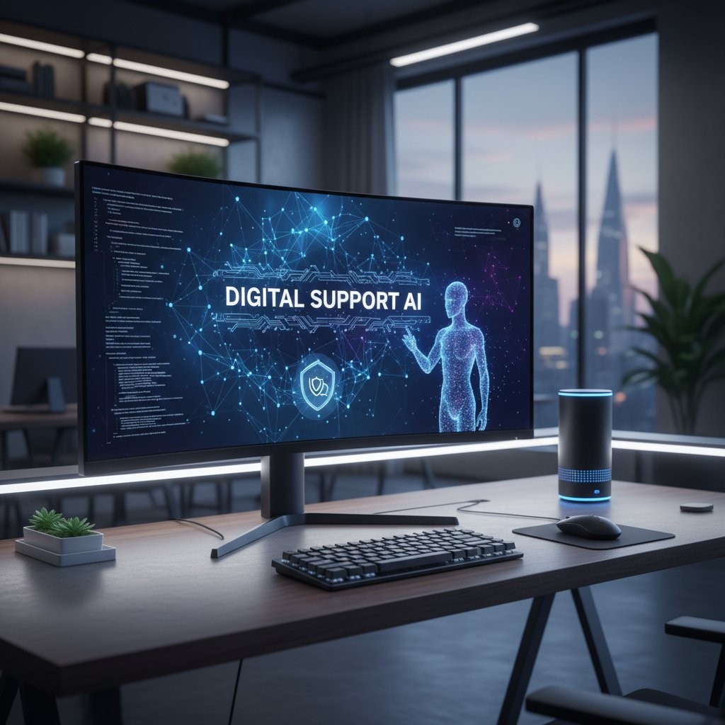 Nowoczesne stanowisko komputerowe z AI na ekranie – przyszłość cyfrowych rozmów i wsparcia online