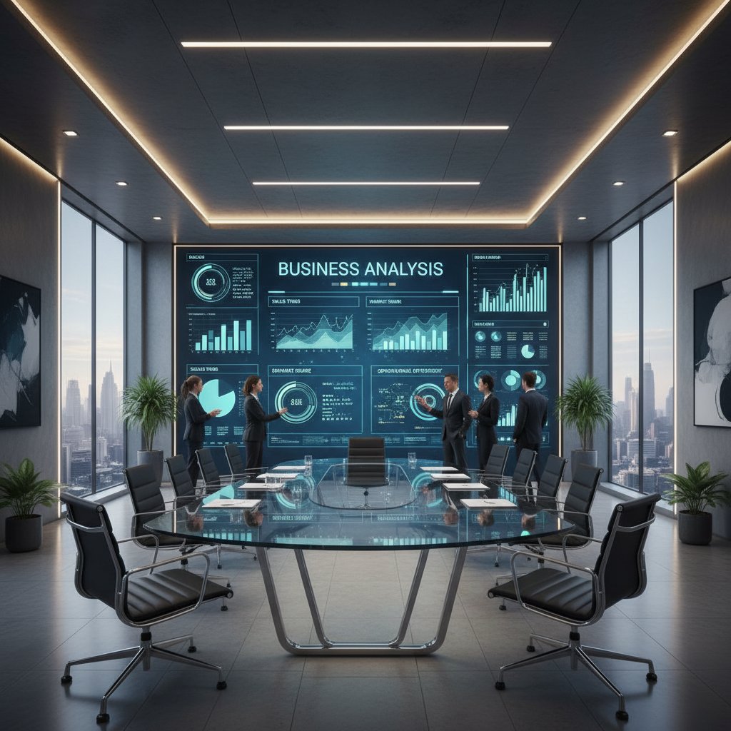 Nowoczesna sala konferencyjna z AI na ekranie, pracownicy analizujący wyniki