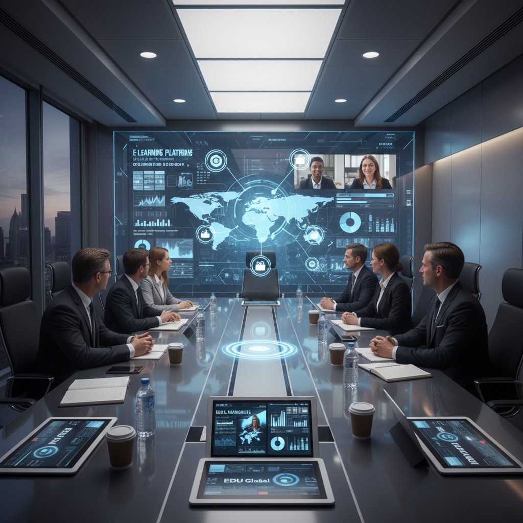 Nowoczesna sala konferencyjna, negocjacje między przedstawicielami dużych firm szkoleniowych online, atmosfera rywalizacji