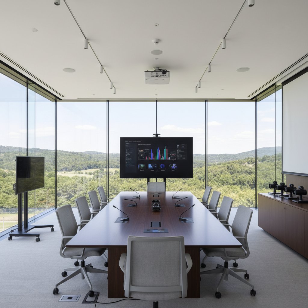 Nowoczesna sala konferencyjna z dużymi oknami, widok na zieleń, sprzęt multimedialny