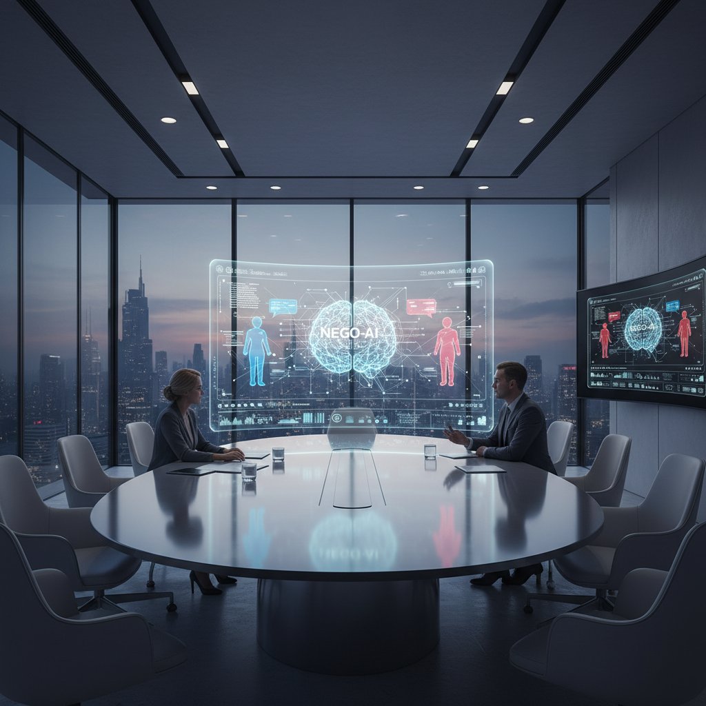 Nowoczesna sala konferencyjna podczas symulowanej negocjacji z wyświetlonymi interfejsami AI, zespół negocjacyjny w napięciu