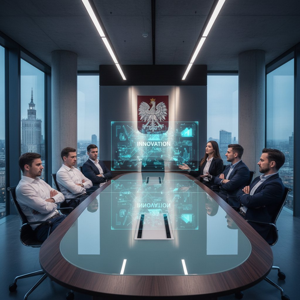 Polska sala konferencyjna, osoby z nieufnością patrzące na tablicę z napisem “innowacja”, kontrast nowoczesności i konserwatyzmu