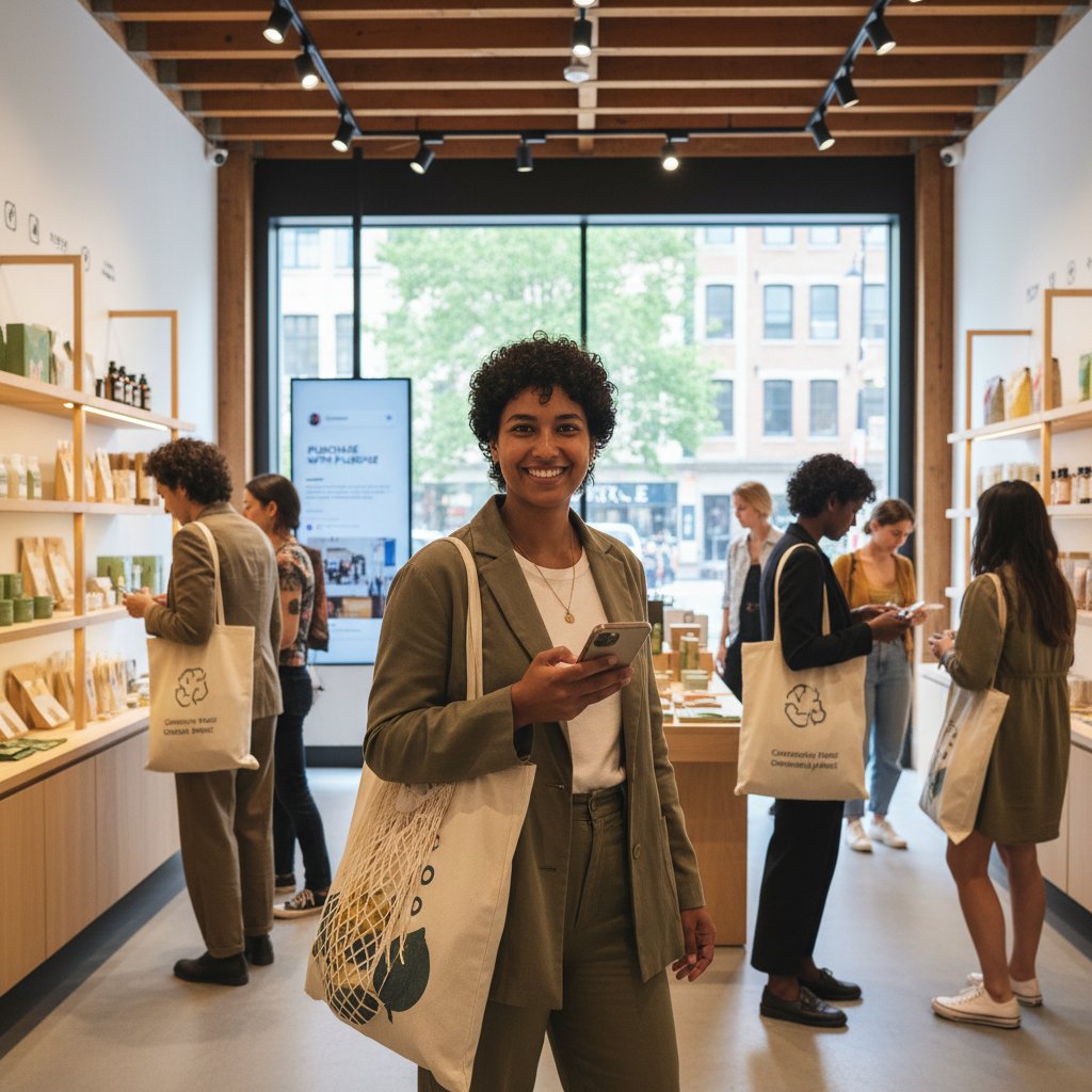 Nowoczesny konsument analizujący produkty w sklepie, smartfon w ręku, wybierając na podstawie wartości marki