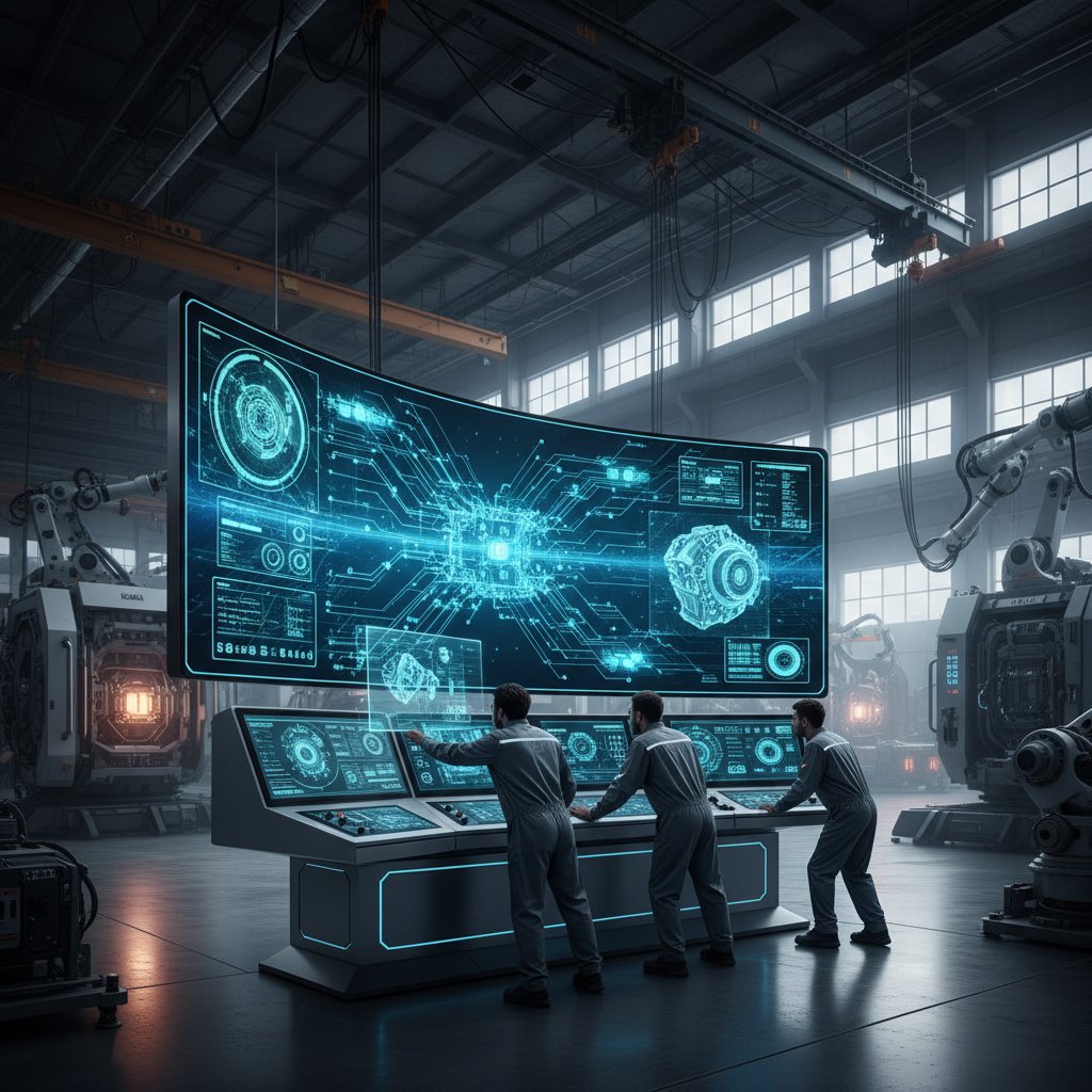 Nowoczesny panel sterowania z AI, inżynierowie analizujący symulacje w hali produkcyjnej