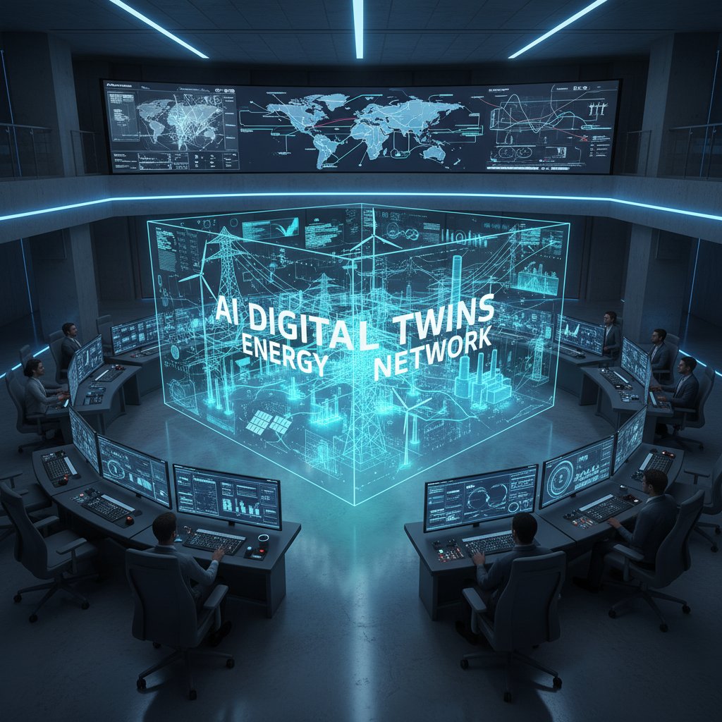 Nowoczesna sala sterowania zintegrowana z technologią AI i cyfrowymi bliźniakami