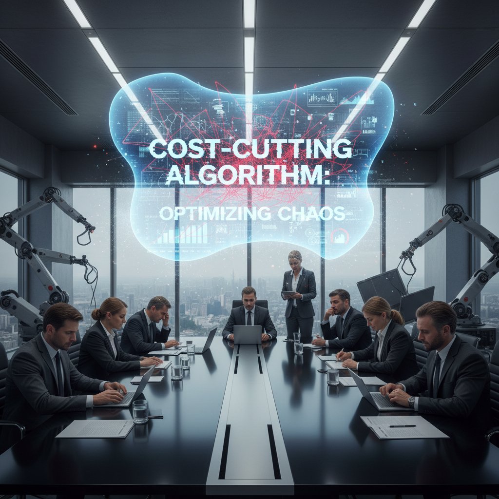 Modern corporate boardroom with digital AI and chaotic side, cost-cutting support decision making