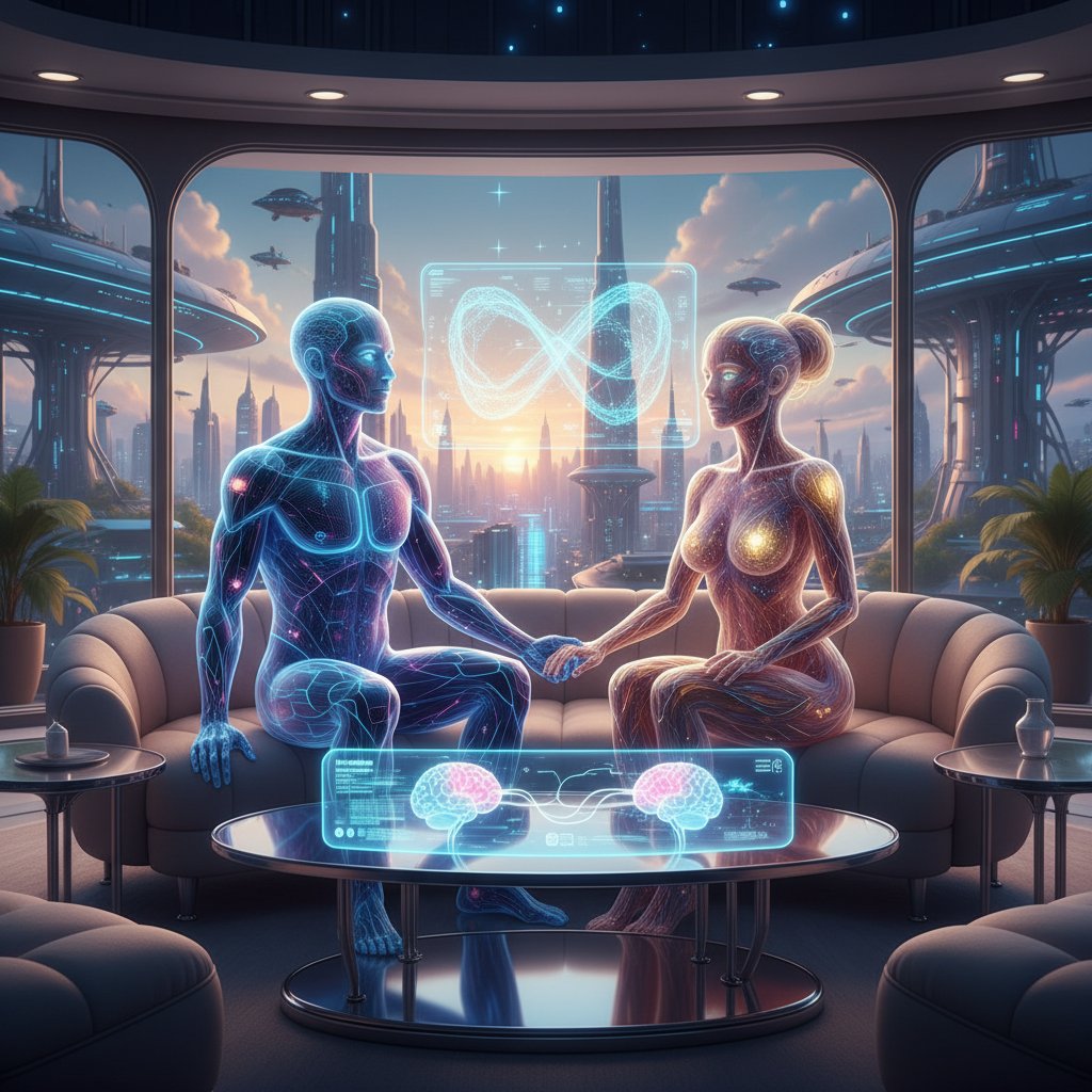 Modernes Pärchen und KI-Avatar im Wohnzimmer, symbolisiert Zukunft romantischer Beziehungen mit KI