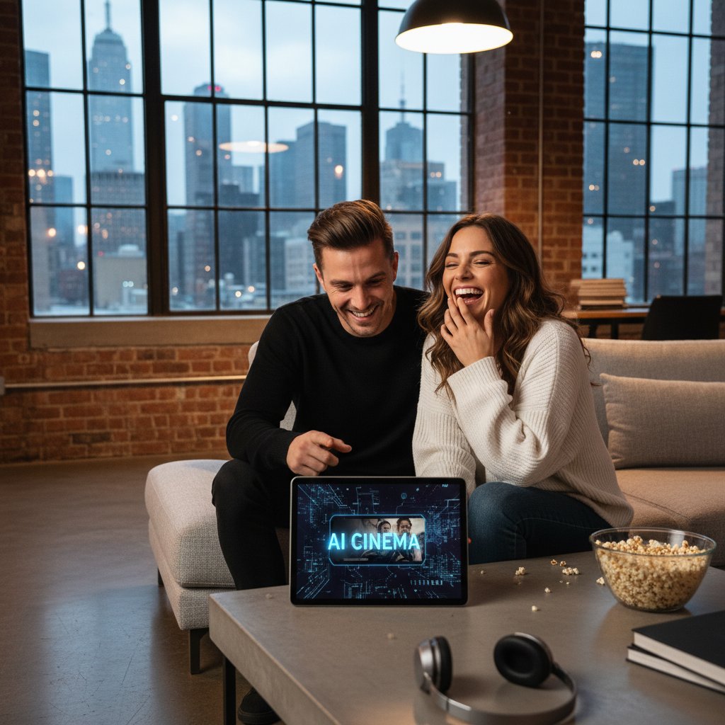 Modern couple using AI-powered movie recommendation platform on tablet, laughing, city loft