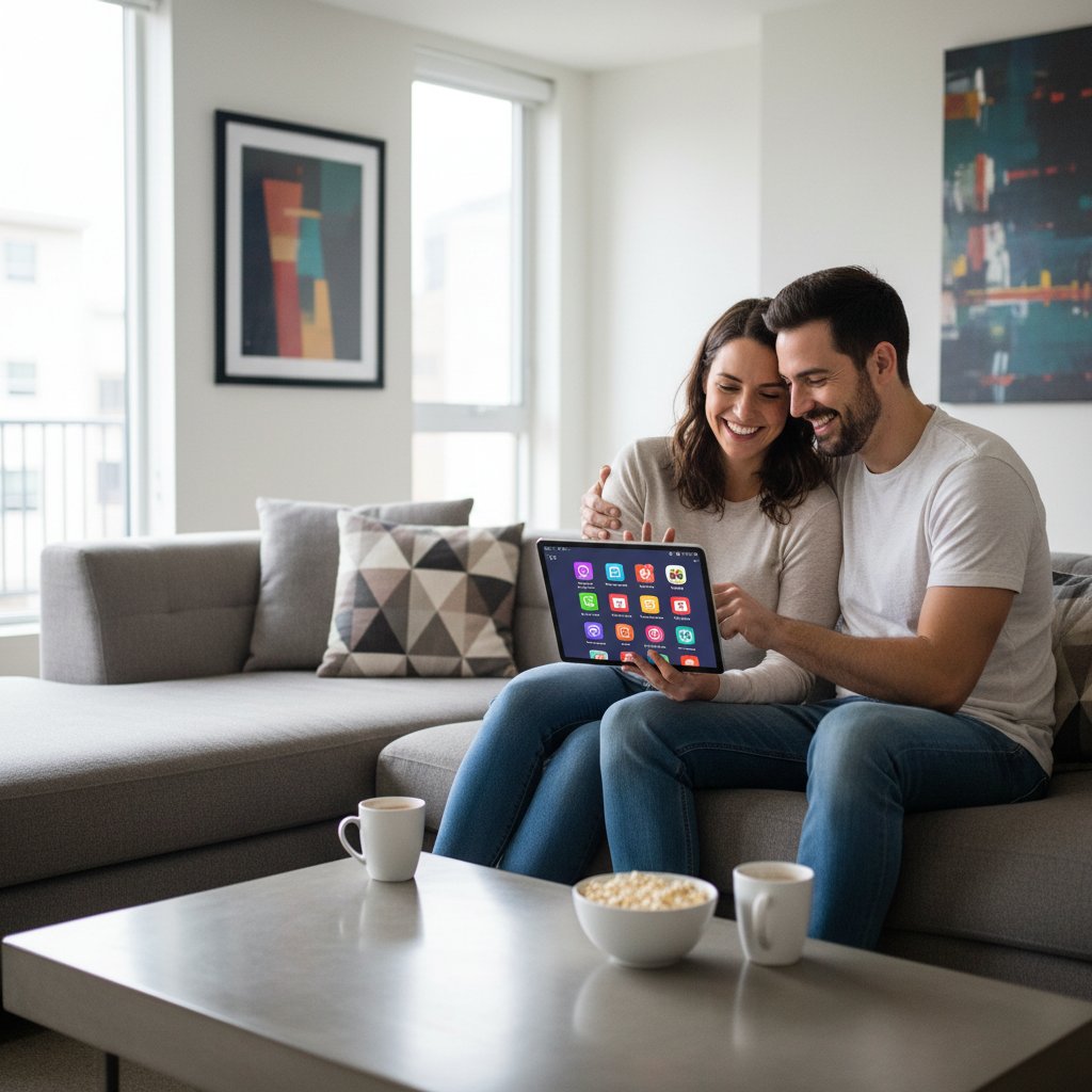 Modern couple using a tablet together on a couch, accessing relationship tools and apps for busy lives