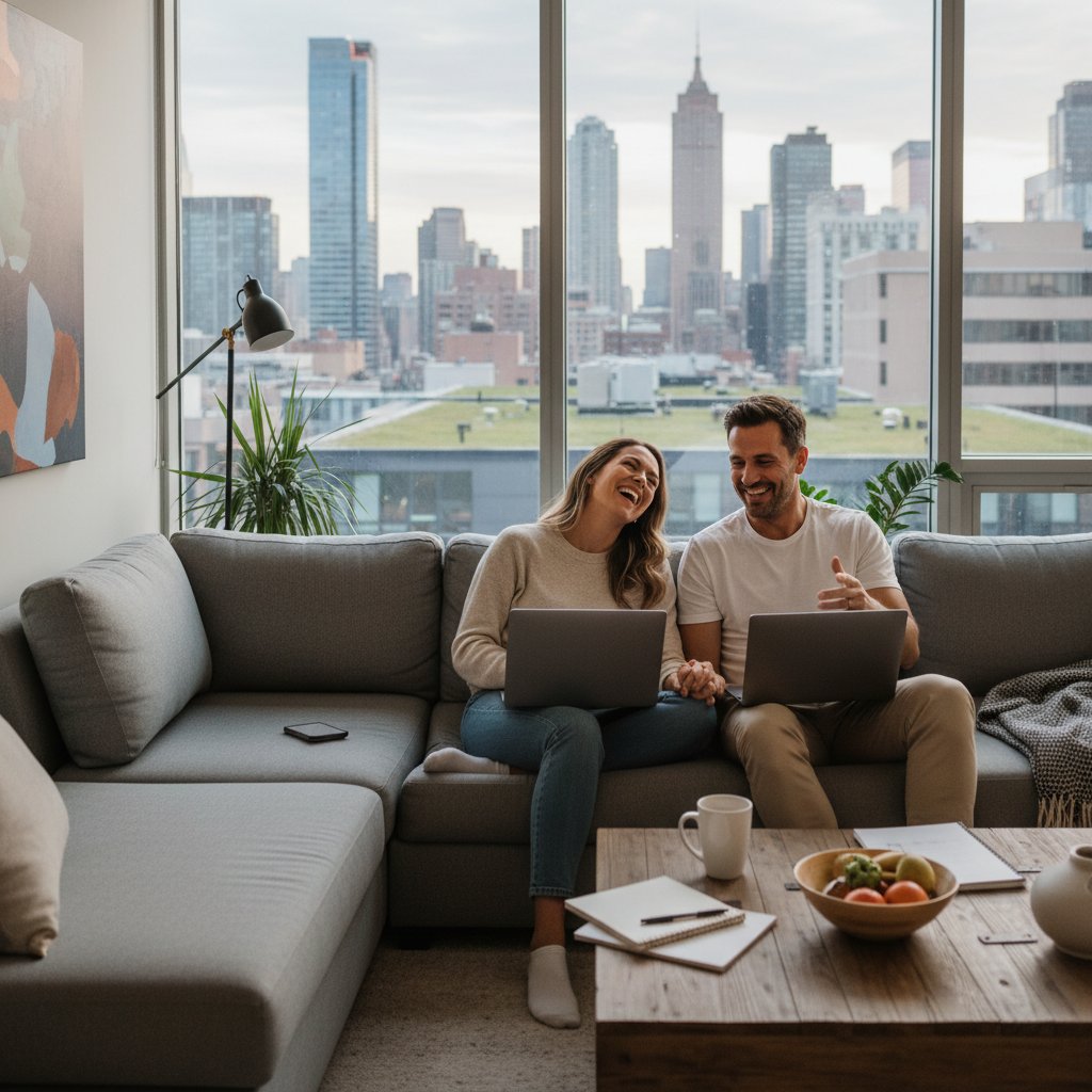 Modern couple at home, laptops open, urban apartment, sharing a laugh despite work stress, showing work-life integration