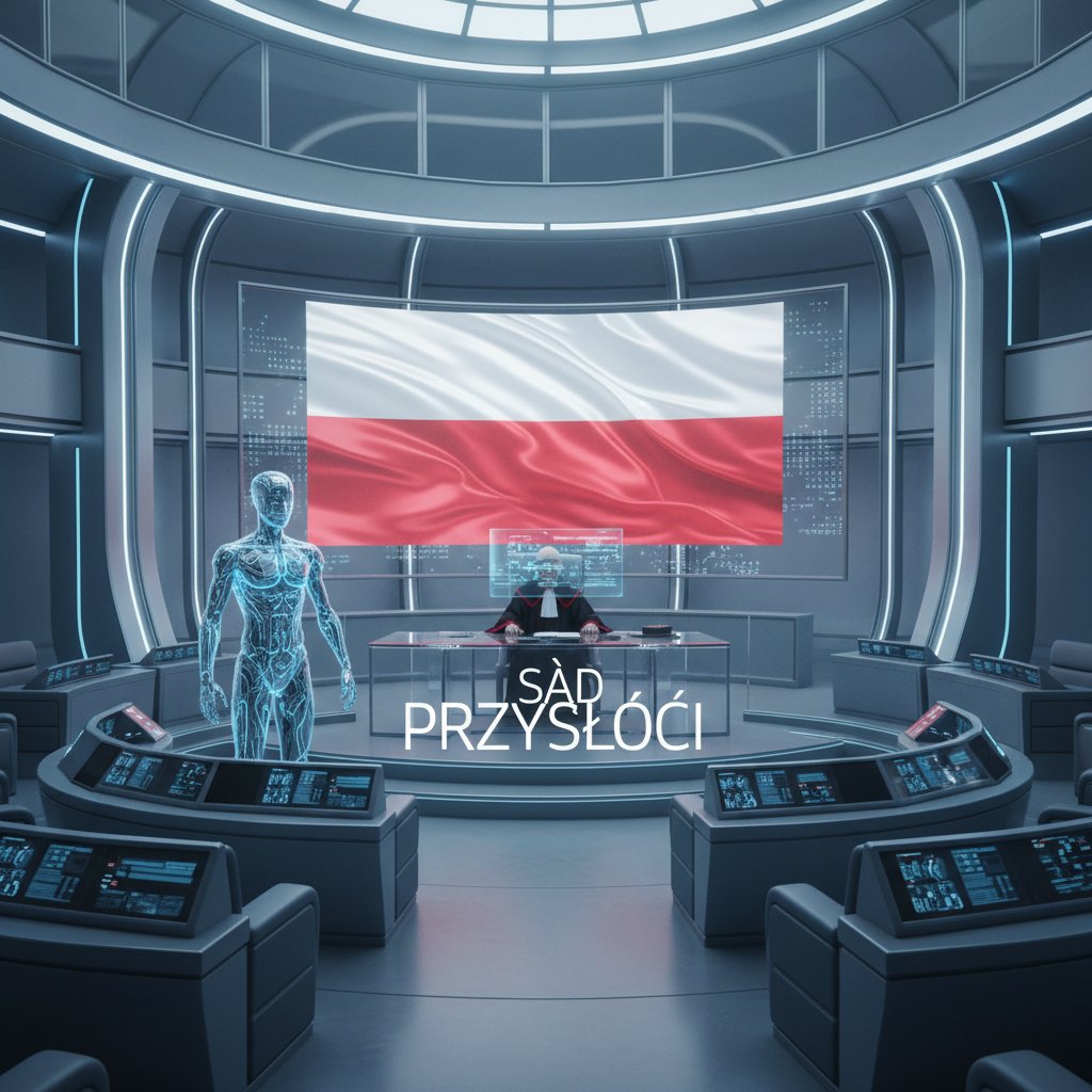 Nowoczesna sala sądowa z obecnością AI, sędzia analizuje dane na ekranie, polska flaga