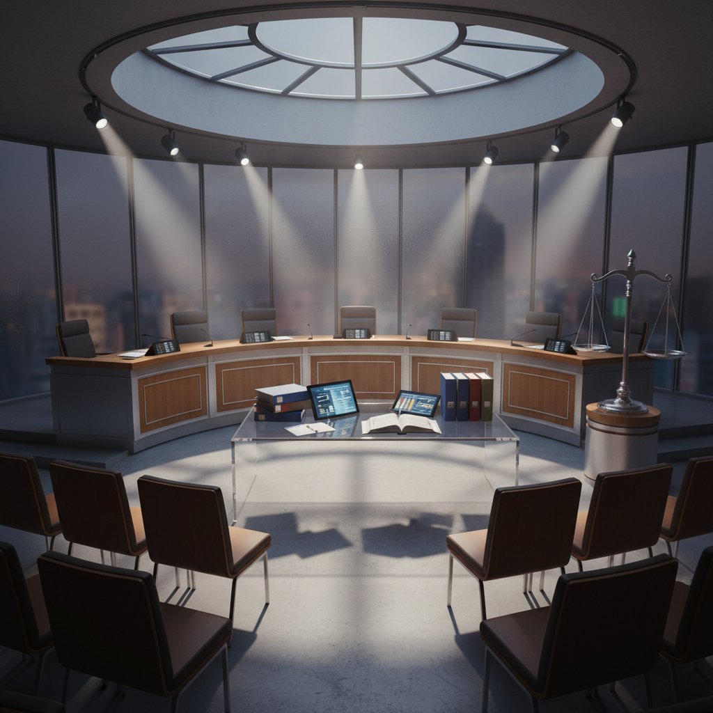 Nowoczesna sala sądowa z dokumentami i symbolicznymi elementami – przykłady prawnicze