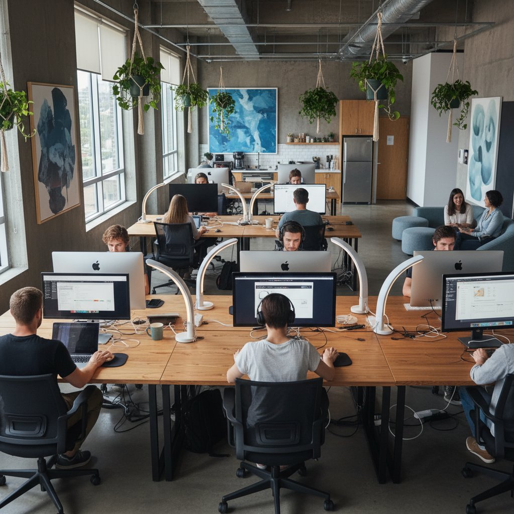 Nowoczesne biuro coworkingowe z osobami pracującymi przy komputerach, lampy antydepresyjne na biurkach