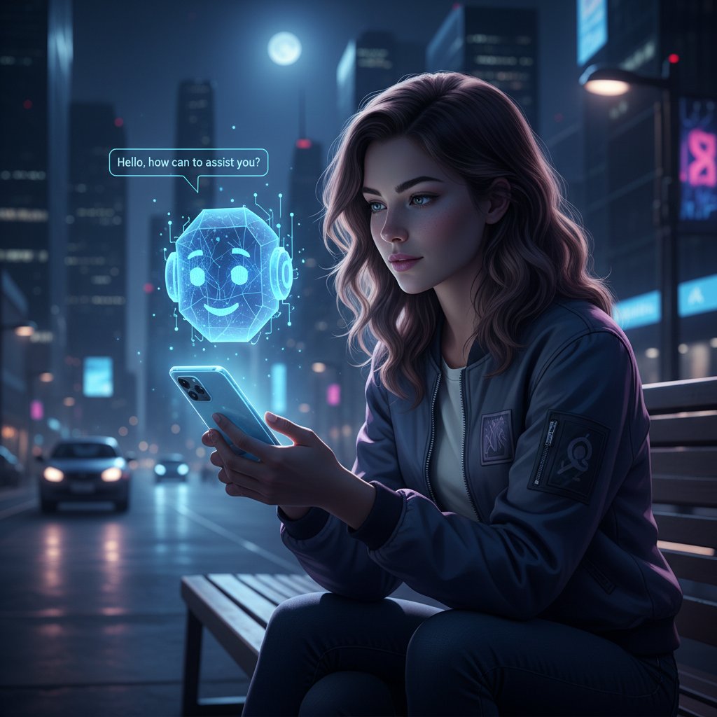 Modern customer chatting with AI support bot on mobile at night