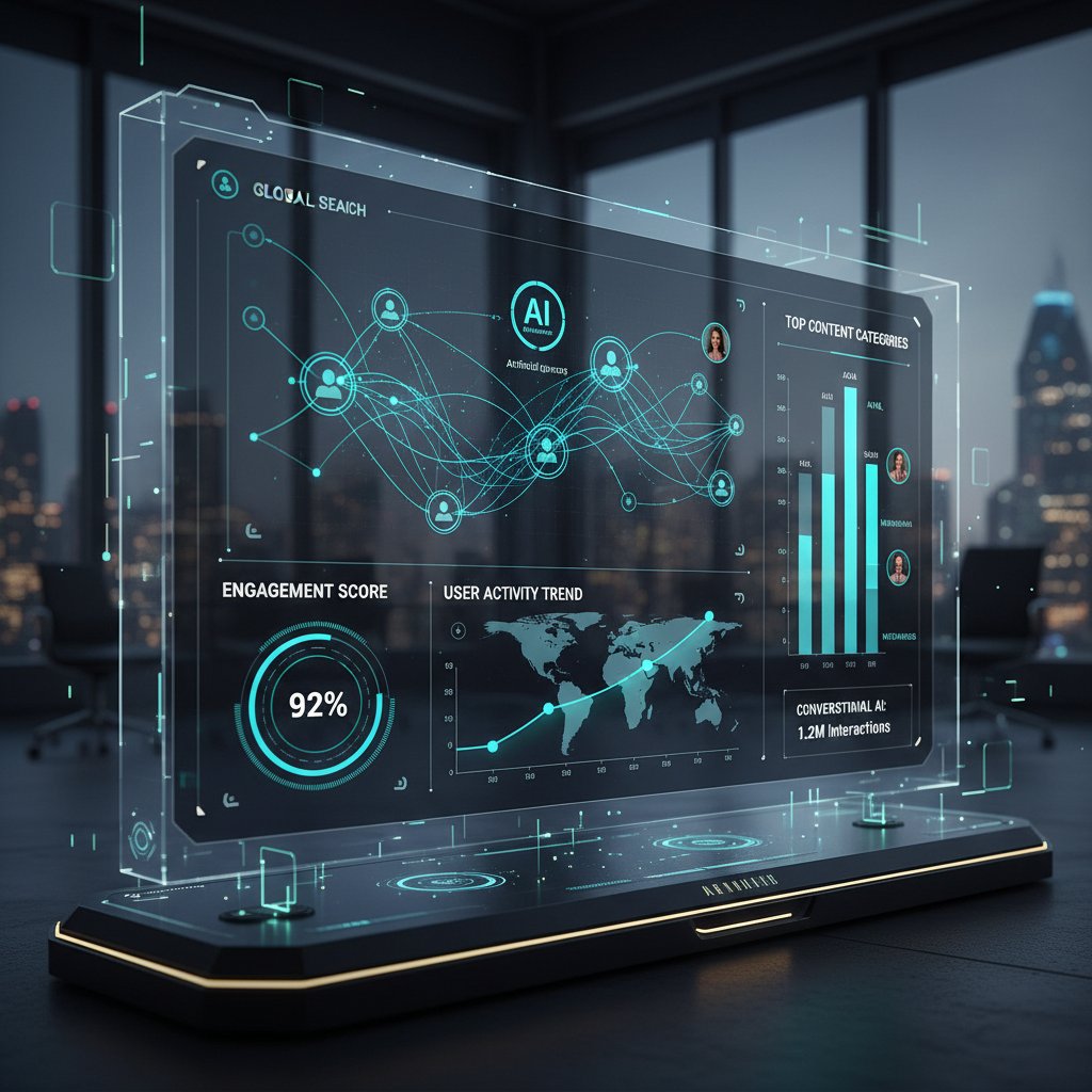 Nowoczesny dashboard AI z wykresami trendów i wskaźnikami zaangażowania