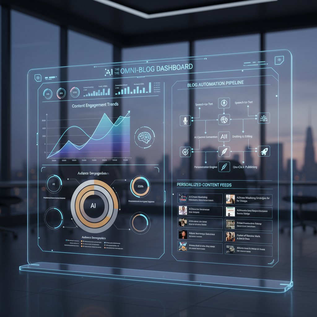 Nowoczesny dashboard analityczny z wykresami trendów, grafiki AI, narzędzia do personalizacji treści, przyszłość automatyzacji blogów