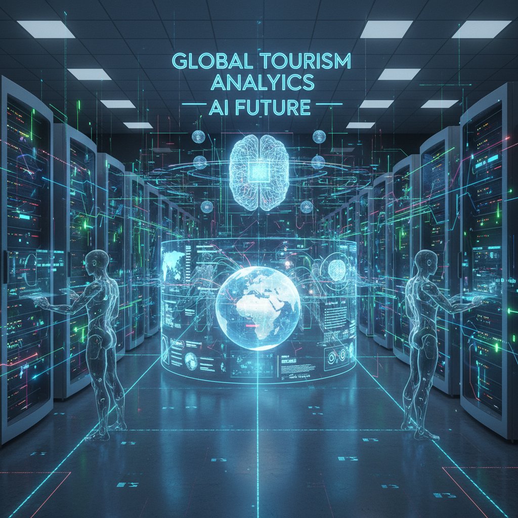 Nowoczesne centrum danych analizujące dane turystyczne, symbolizujące przyszłość AI w branży