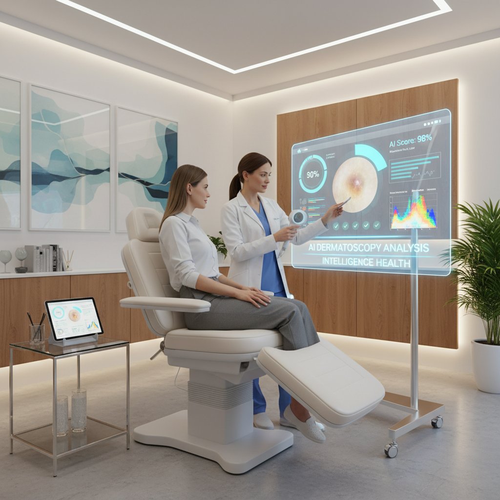 Nowoczesny gabinet dermatologiczny z dermatoskopem cyfrowym i ekranem AI