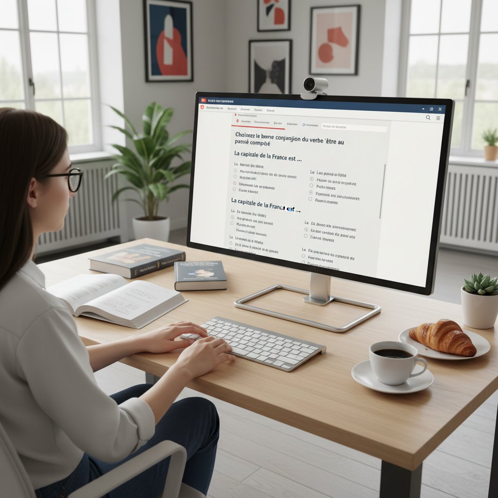 Nowoczesne biurko do egzaminu online z komputerem, kamerą, czystym otoczeniem i francuskimi materiałami