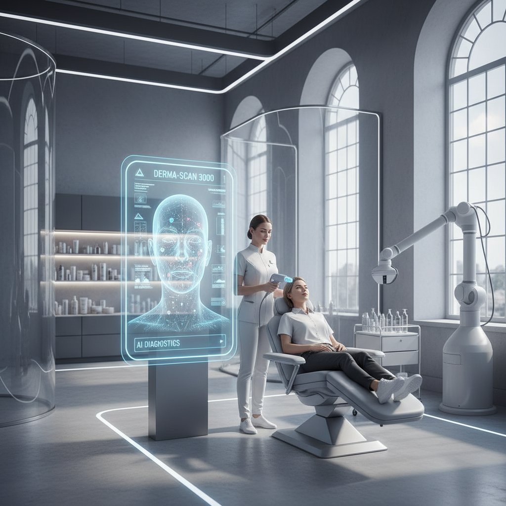 Nowoczesne urządzenia do zabiegów estetycznych oraz ekran z analizą skóry przez AI