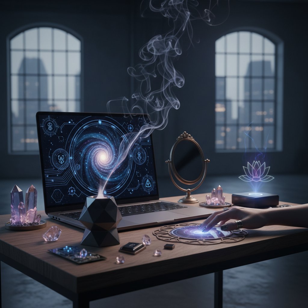 Digitaler Altar mit Laptop und Räucherwerk – Symbol für moderne Spiritualität