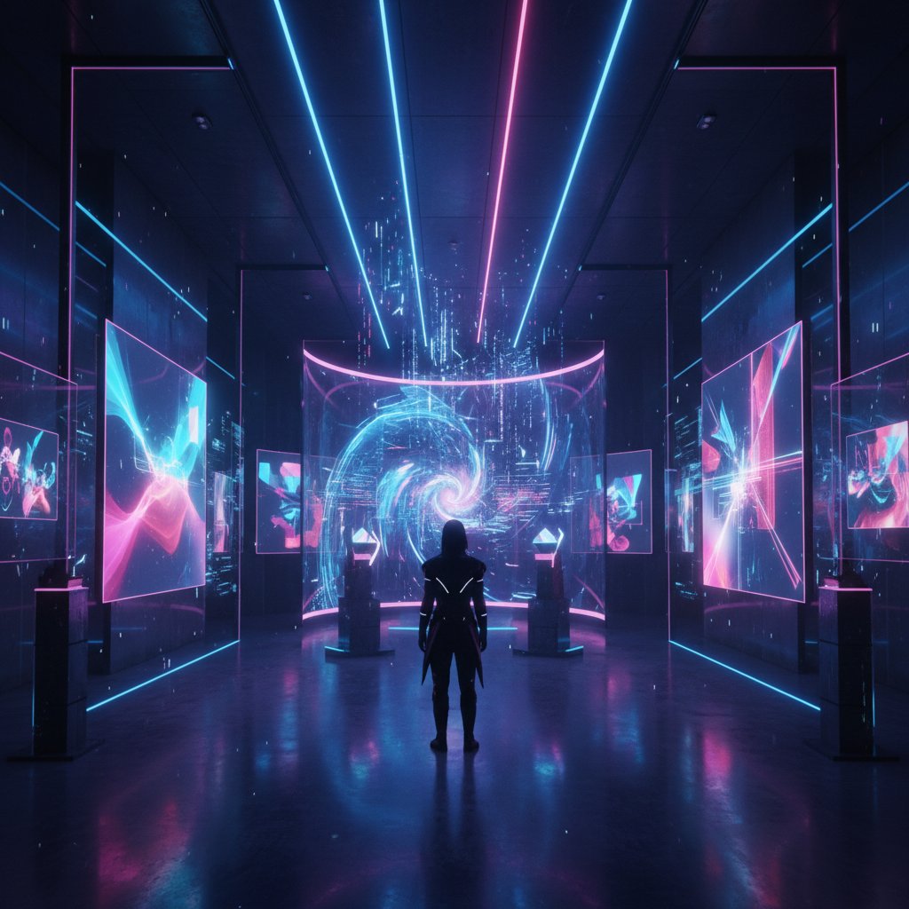 Osoba obserwująca awangardowe dzieła sztuki cyfrowej w nowoczesnej galerii online