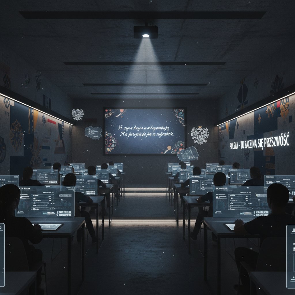 Nowoczesna klasa online z uczniami uczącymi się polskiego w ciemnym, klimatycznym otoczeniu