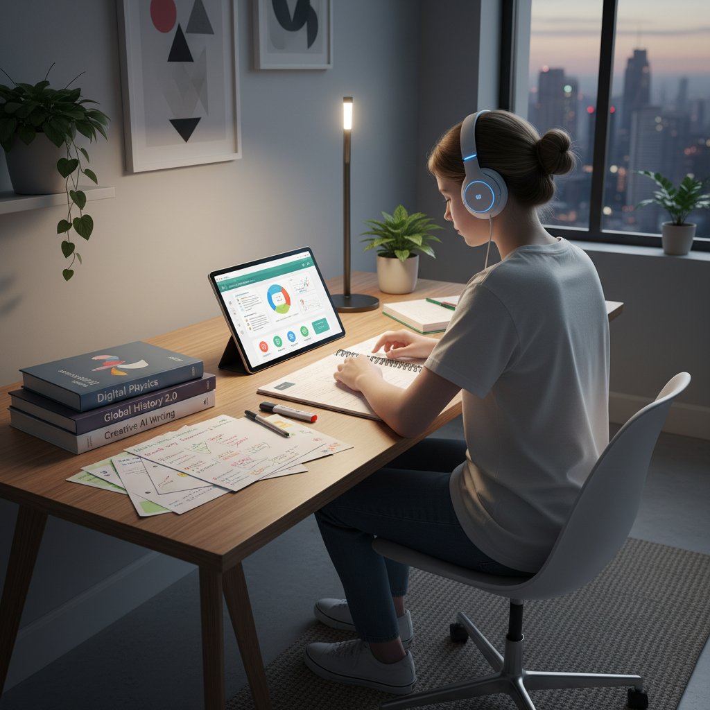 Ein moderner digitaler Lernplatz mit Tablet und Kopfhörern trifft auf klassische Schulbücher und Notizen – Symbol für den Bruch zwischen digitaler und traditioneller Nachhilfe