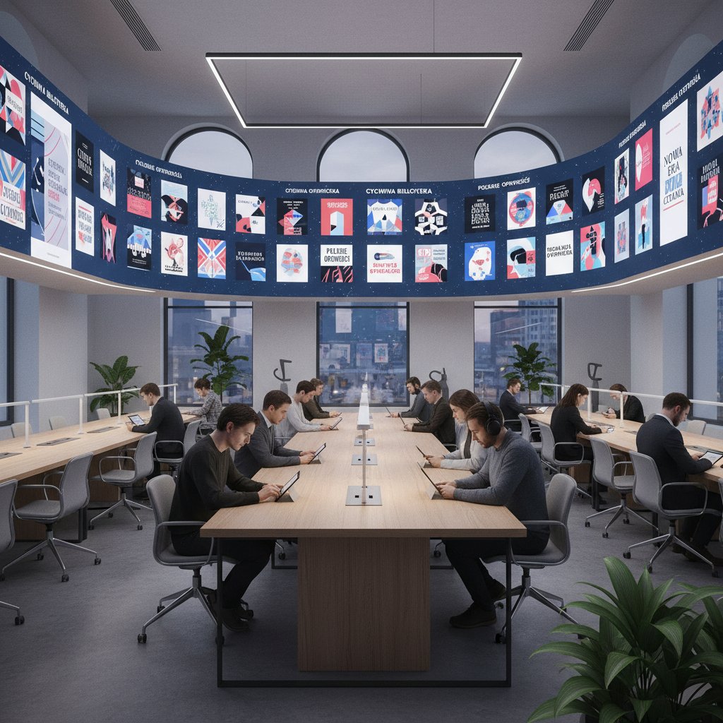 Nowoczesna czytelnia cyfrowa z polskimi książkami, ludzie korzystający z tabletów