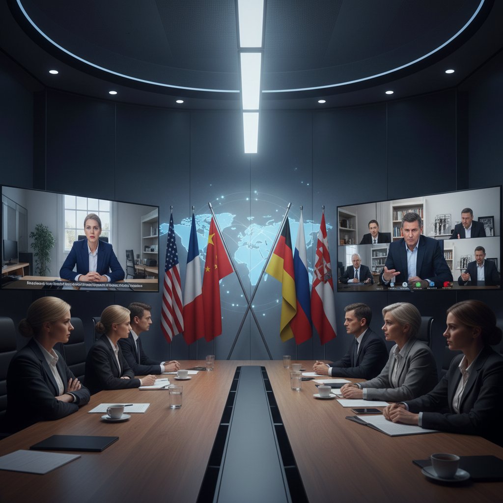 Nowoczesne biuro dyplomaty online – ekrany z wideokonferencjami, międzynarodowe flagi, napięcie