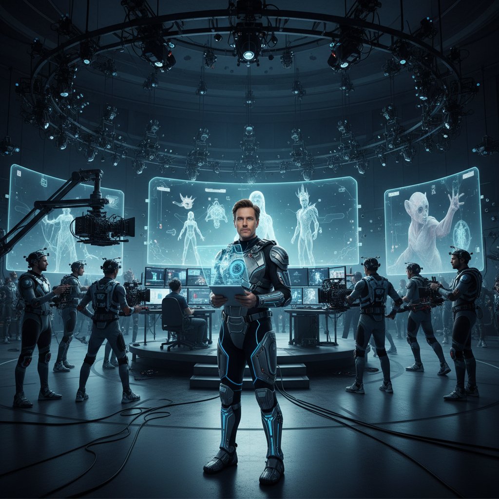 Modern director in digital studio with motion capture suits, digital screens, and film crew