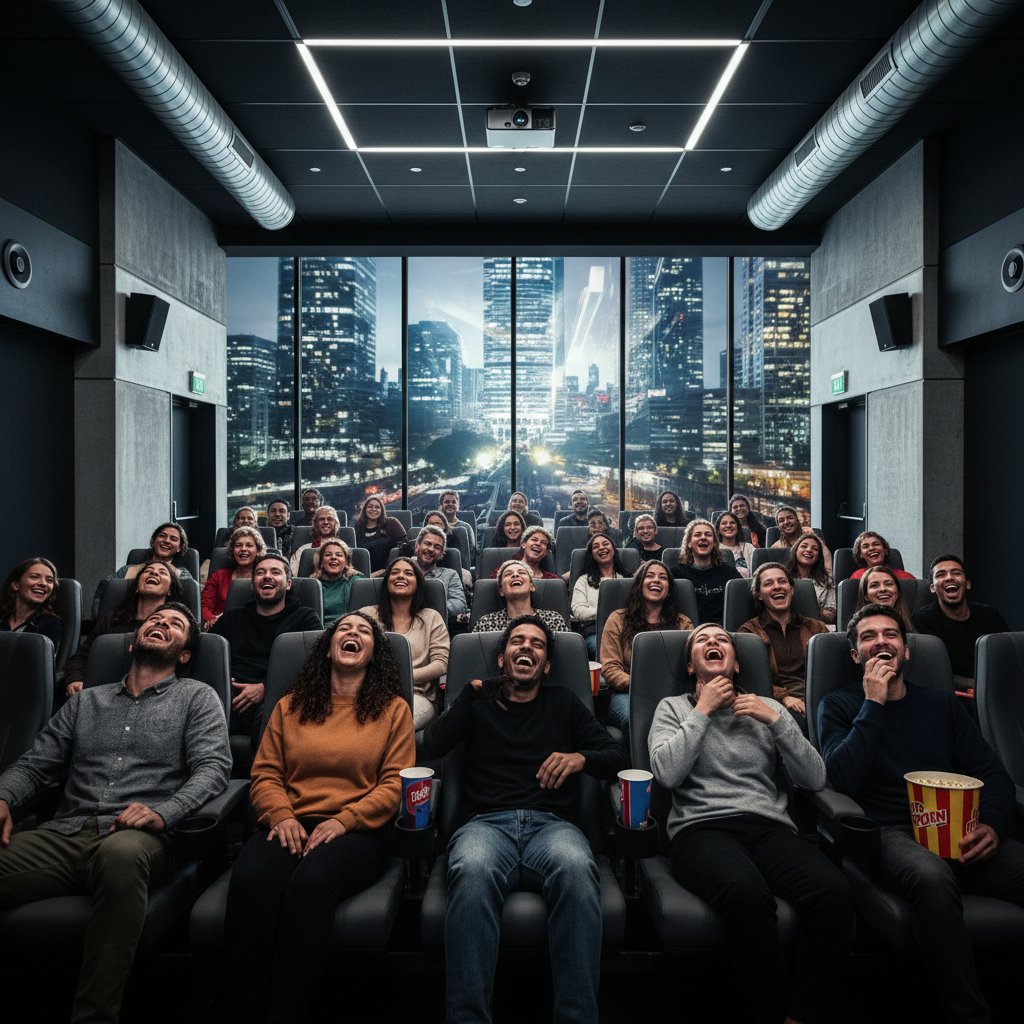 A diverse crowd laughing at a comedy movie in a packed theater, 2025. Comedy movies, audience, laughter, urban cinema