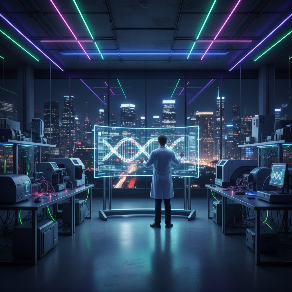 Nowoczesne laboratorium genetyczne z widocznym wyświetlaczem genomu, sekwencjonowanie nowej generacji