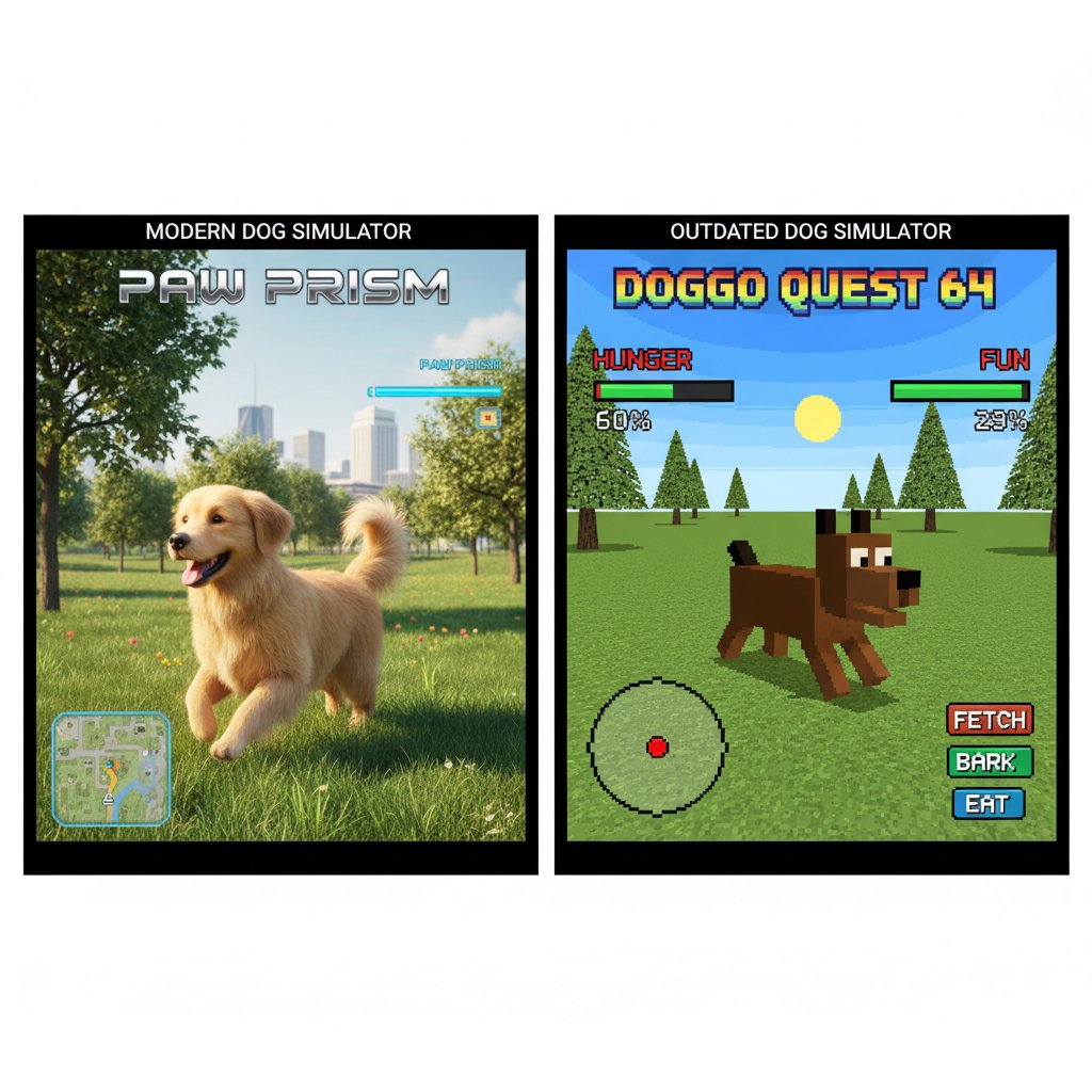 Nowoczesny i przestarzały symulator psa na jednym ekranie