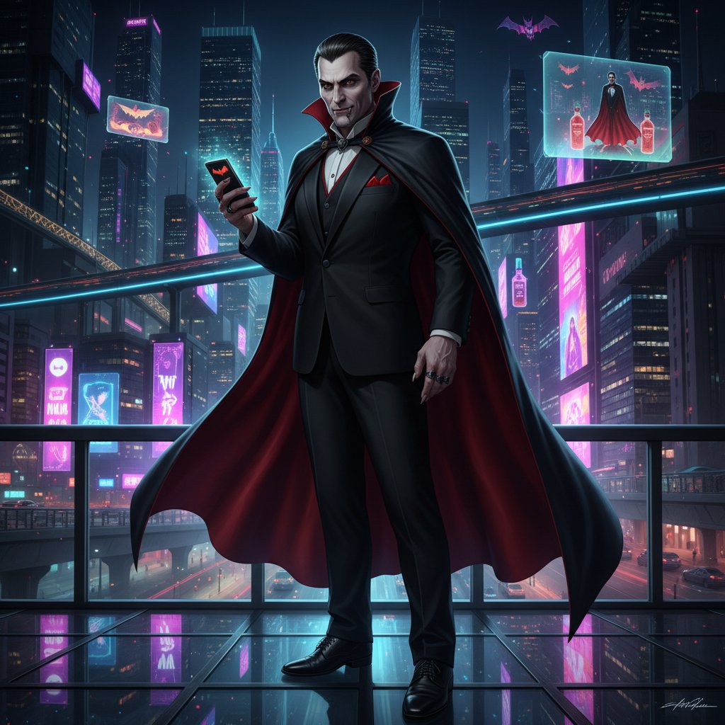 Modern Dracula using a smartphone in neon city modern dracula movies streaming