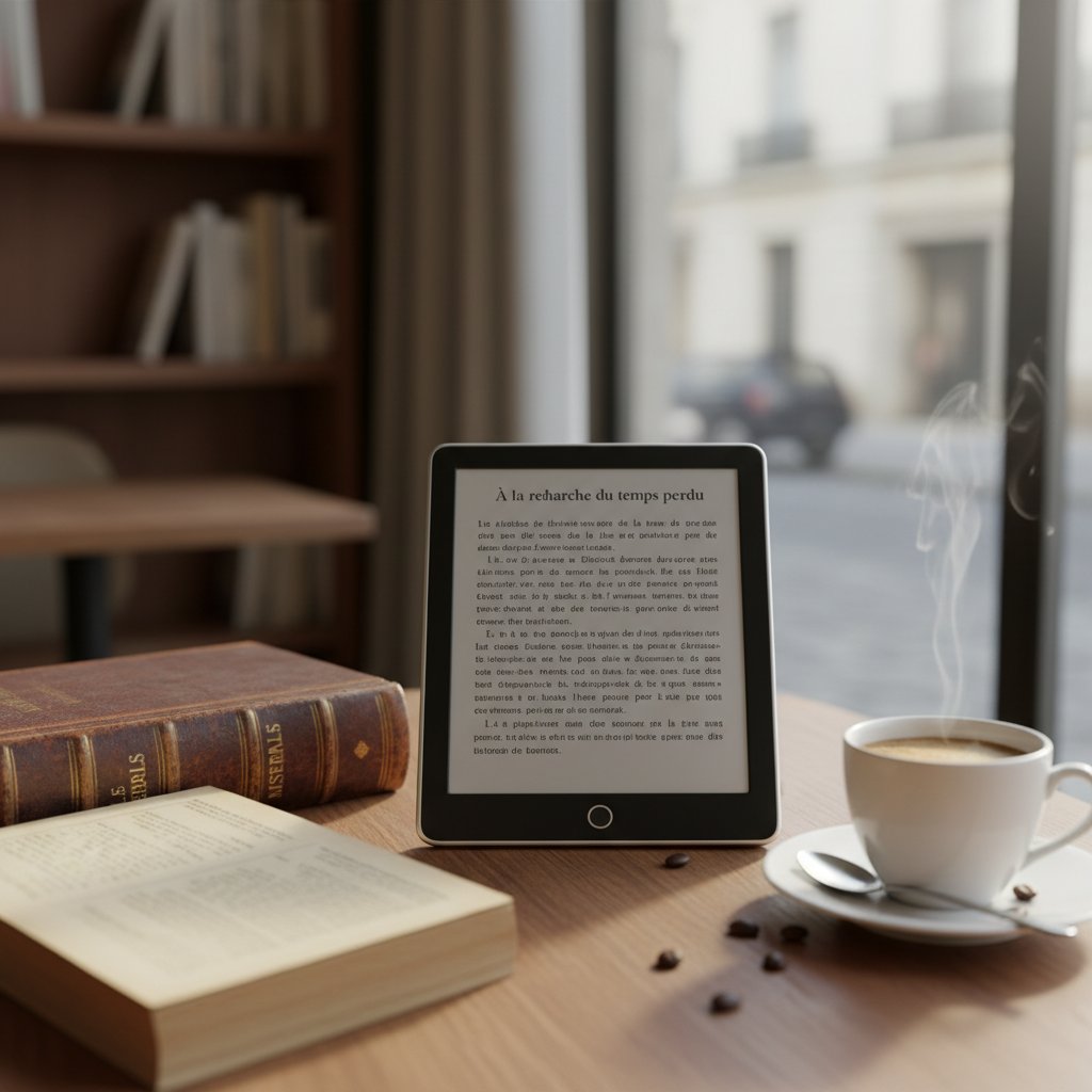 Nowoczesny czytnik e-booków i klasyczna książka na stole, obok filiżanka kawy, francuskie słowa na ekranie