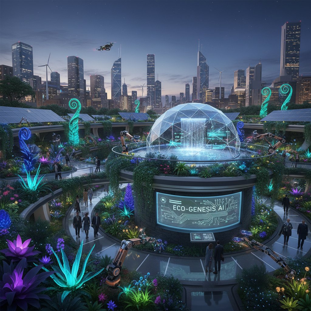 Nowoczesny ogród ekologiczny, technologia, AI, różnorodne rośliny, miasto w tle