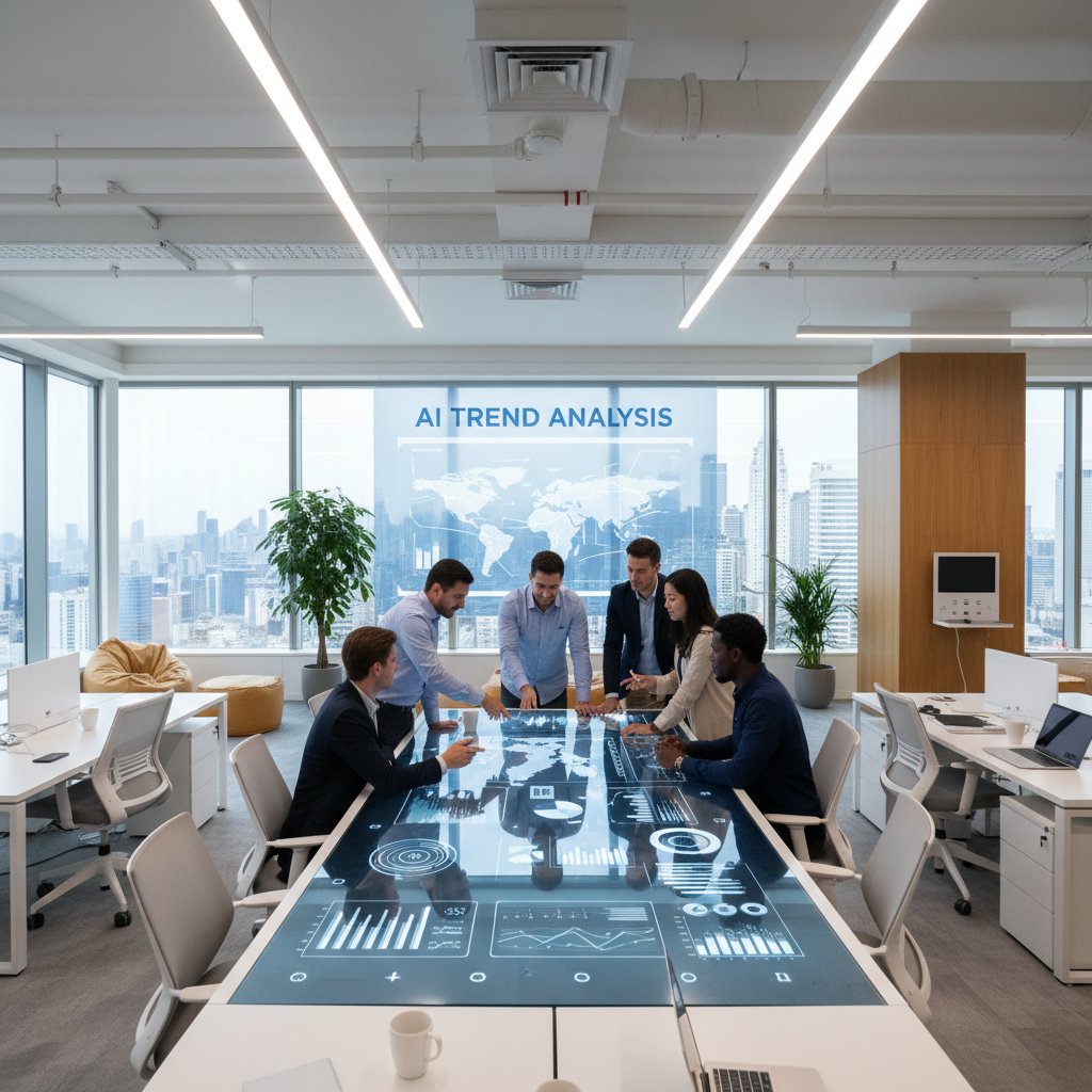 Fotografia nowoczesnego biura e-commerce z zespołem analizującym trendy AI