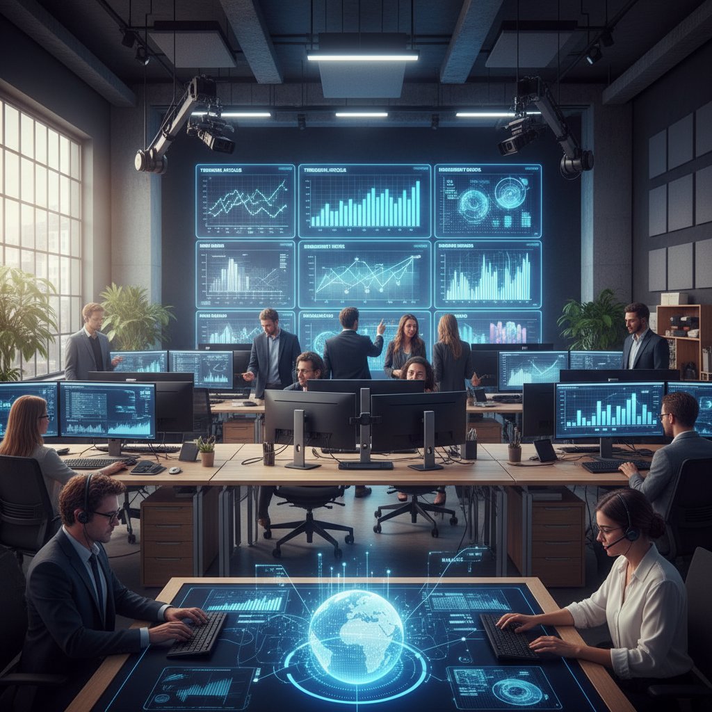 Redaktorzy analizujący content w nowoczesnej redakcji, narzędzia do optymalizacji artykułów na ekranach