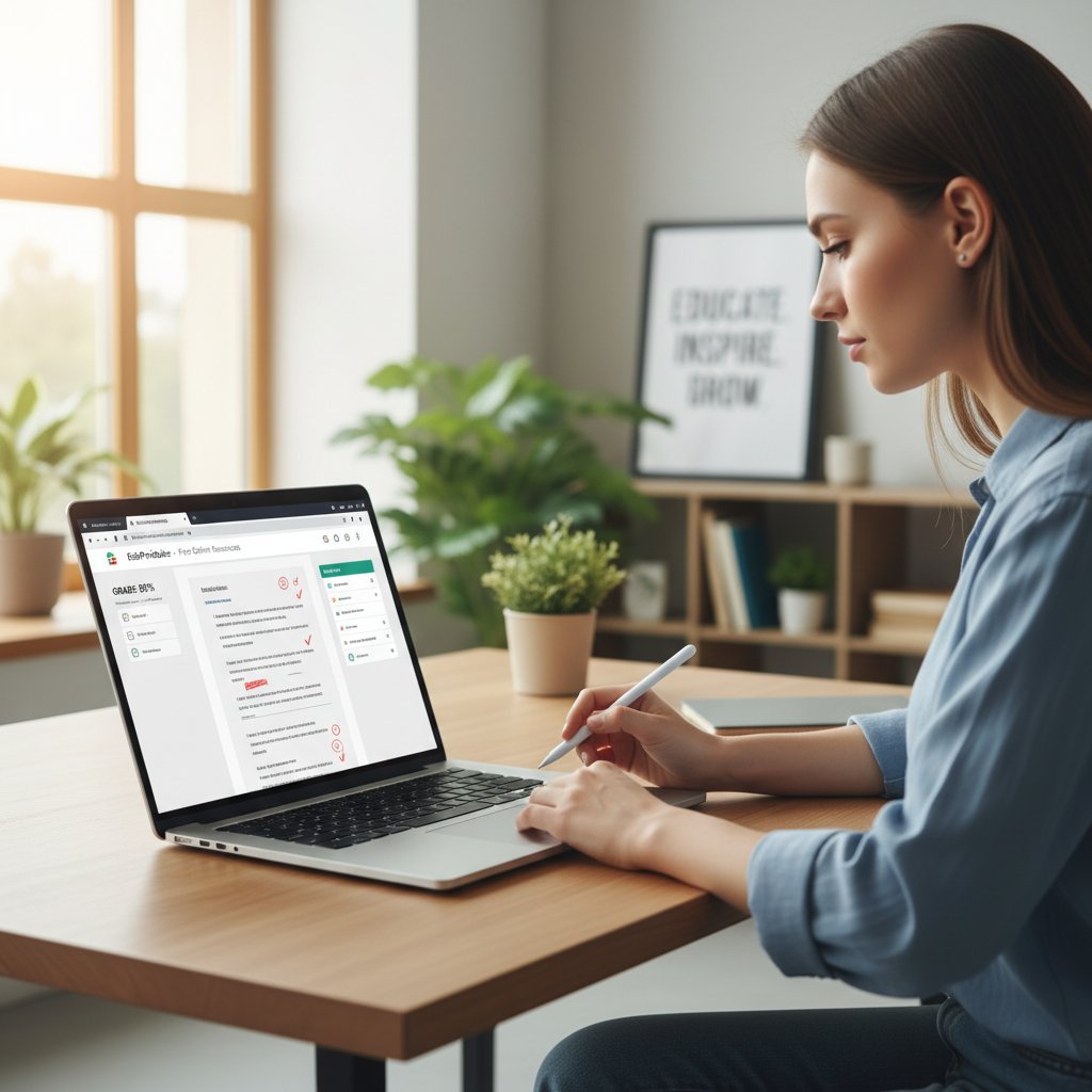 Nauczyciel sprawdzający jakość darmowych materiałów edukacyjnych online, ekran laptopa, skupiona twarz