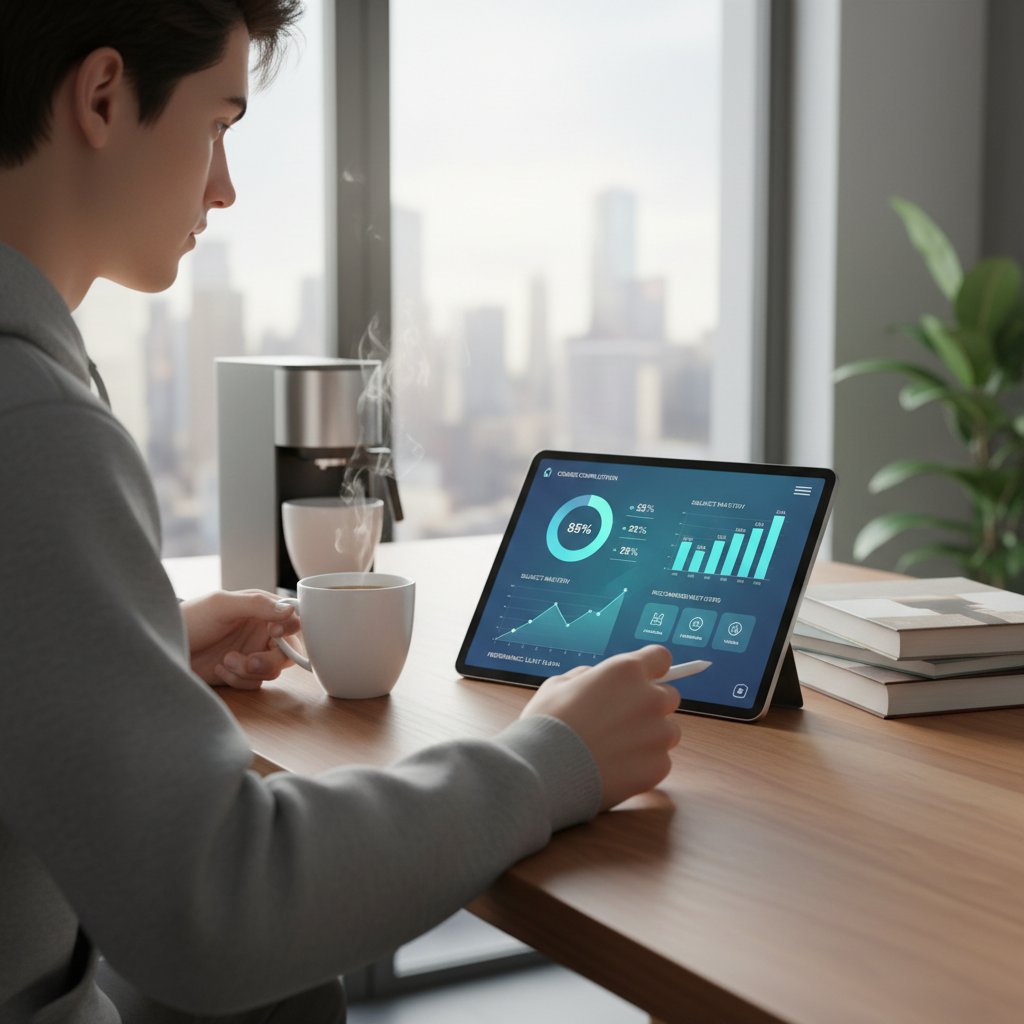 Nowoczesny interfejs edukacyjny z wykresami postępów, tablet i kawa na biurku, uczeń analizujący wyniki