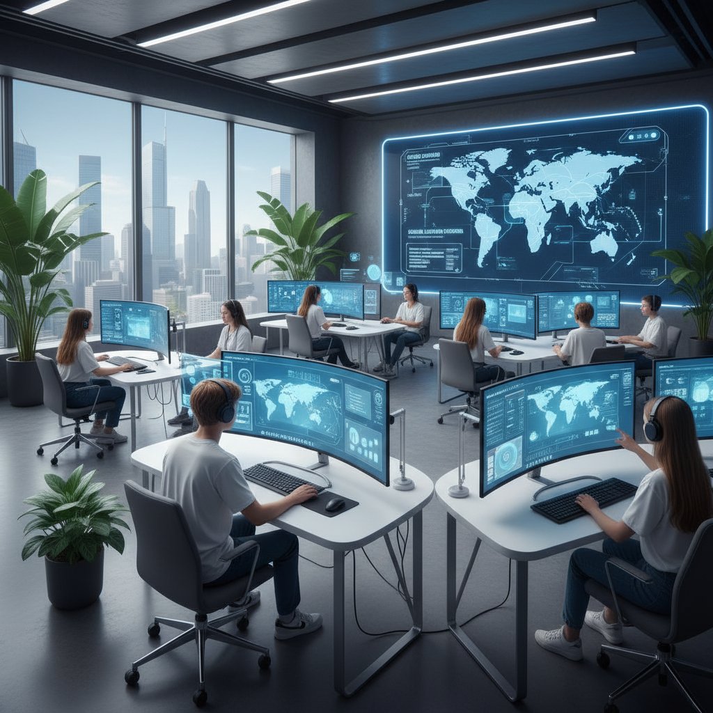 Nowoczesna pracownia edukacyjna z uczniami korzystającymi z komputerów