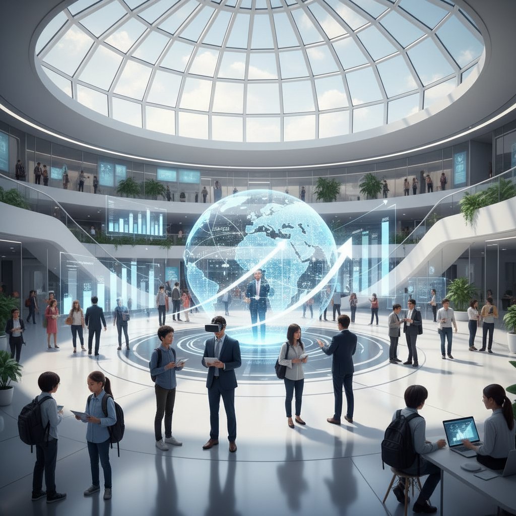 Nowoczesny rynek edukacji online: wykresy, uczniowie w różnym wieku, dynamiczna atmosfera wzrostu