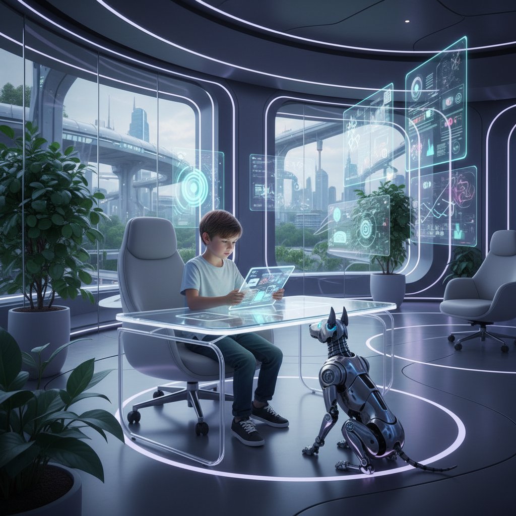 Nowoczesny gabinet edukacyjny z dzieckiem i tabletem, na ekranie wirtualny pies AI